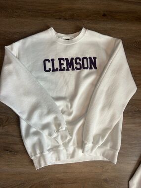 Gildan White Crewneck Sweatshirt with Purple "CLEMSON" Chest Lettering